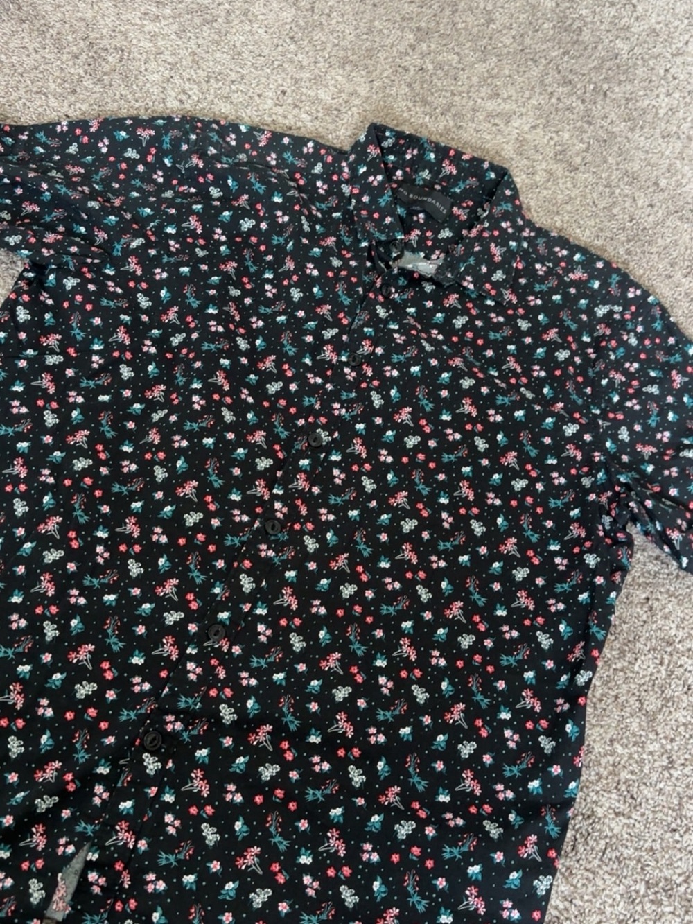No Boundaries Black Floral Button-Up Shirt with Pink and Teal Accents
